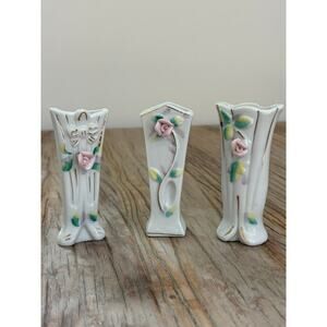 Three Vintage Bud Vases 3D pink flower blossom Decor Japan